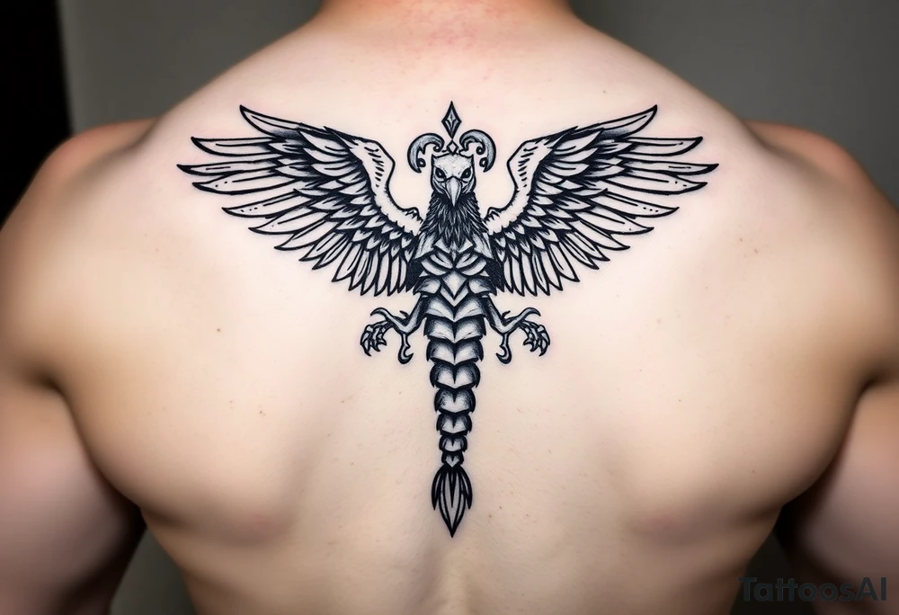 A stylized mandala incorporating elements of all three creatures. Scorpion tail forming the base, eagle wings creating symmetry, and phoenix feathers integrated as decorative patterns with flame textures. tattoo idea