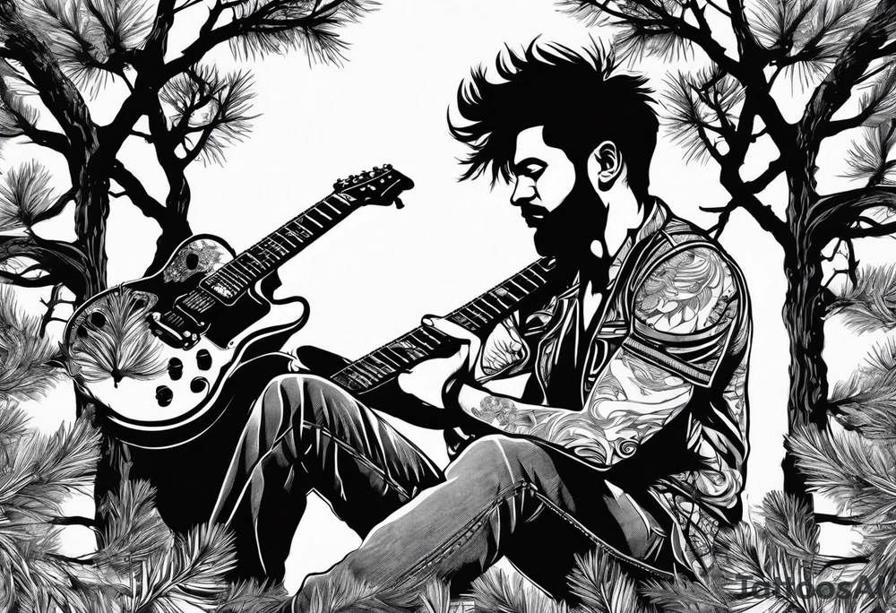 silhouette of a man sitting on a pine tree branch, playing electric guitar tattoo idea