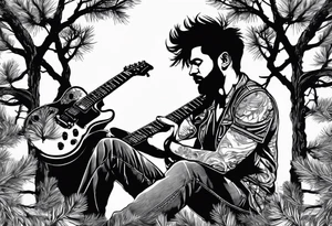 silhouette of a man sitting on a pine tree branch, playing electric guitar tattoo idea