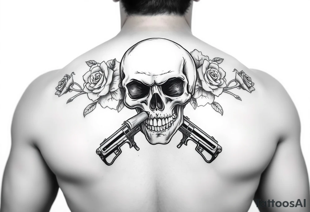 A skull with a cigar, surrounded by thorny roses and crossed pistols. tattoo idea