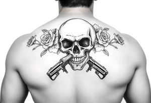 A skull with a cigar, surrounded by thorny roses and crossed pistols. tattoo idea