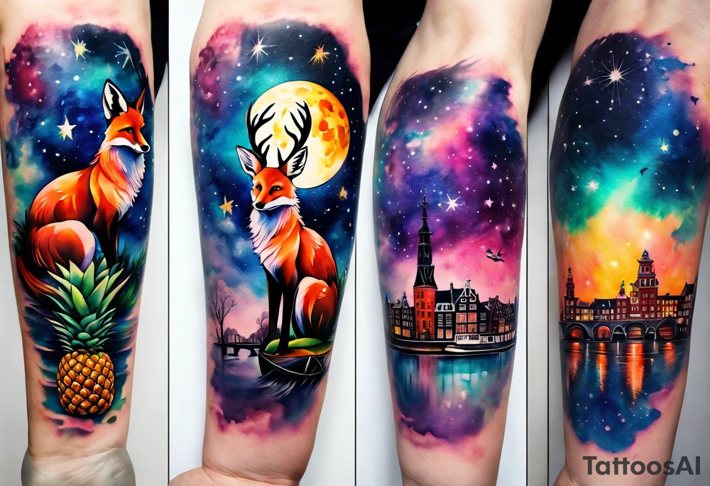 Arm tattoo, Animals, birds, stag, fox, watercolour of animals made from glass in Amsterdam featuring Amsterdam buildings and Amsterdam canal in galaxy colours featuring pineapples as space colours, galaxy colours, night sky, pineapples tattoo idea