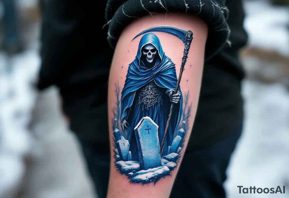 A half-sleeve tattoo of a Reaper in icy blue tones standing in a snowy graveyard. tattoo idea