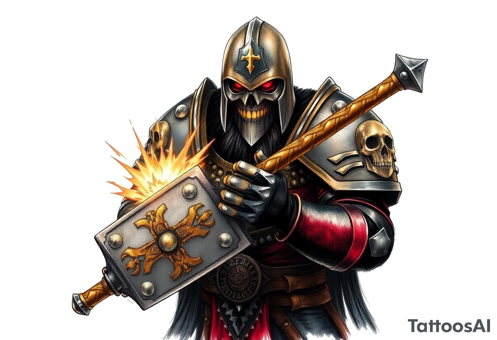 Warhammer, the Old World. A warrior priest of Sigmar holding "The Warhammer of Sigmar" or known as Ghal Maraz. The Warhammer of Sigmar is radiating thunderous energy. The warhammer is held by the warrior priest with both gripping hands at the shaft, upon his chest level. The Warrior priest is wearing dark alloyed heavy armour (reference armor from warhammer vermintide 2 Victor Saltzpyres, the warrior priest of Sigmar class) with skull sigils on his shoulder pads. The warrior priest is wearing a helmet, while the helmets front visor has an humanoid metal face covering. The helmet and armour are gladened with hints of gold and crimson red. The Warhammer is silverish and golden with a long shaft with twisted carvings. tattoo idea