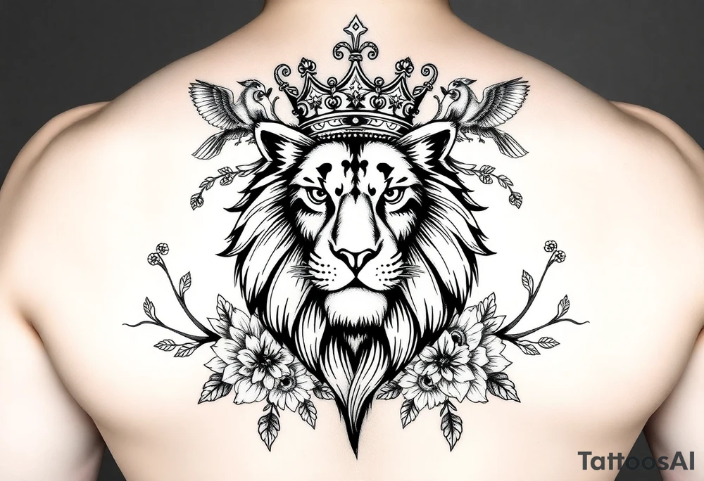 powerful majestic lion with a crown, surrounded by floral ornaments and birds tattoo idea