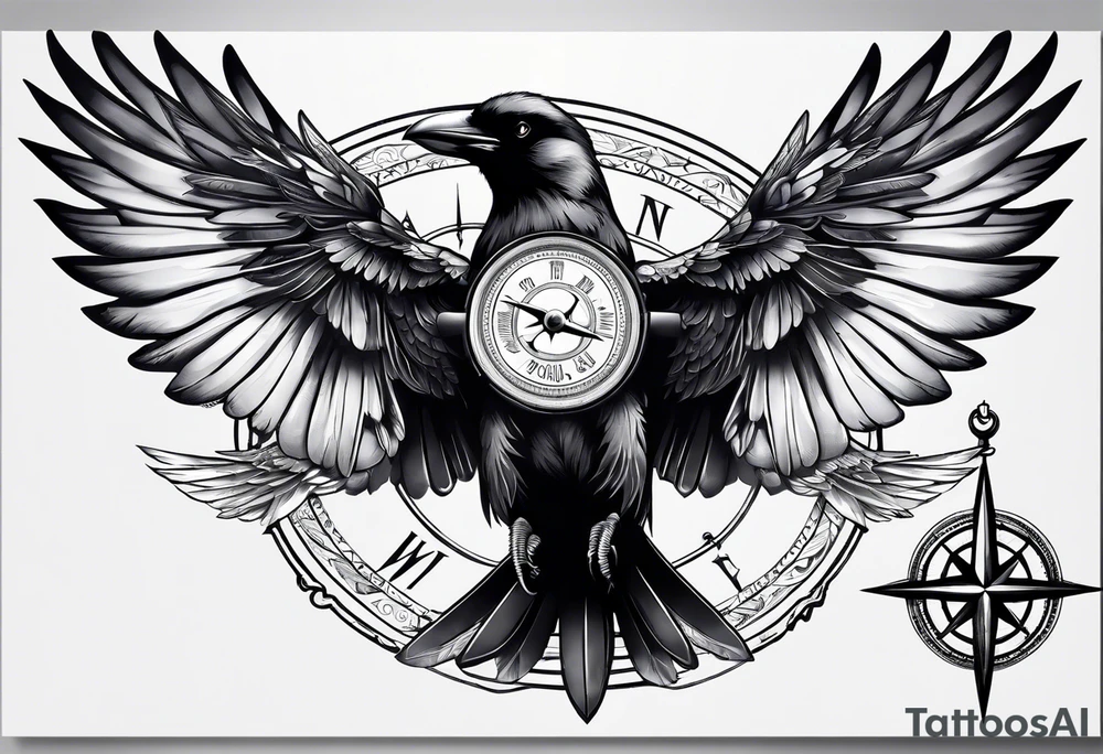 flying crow with compass and two wings tattoo idea
