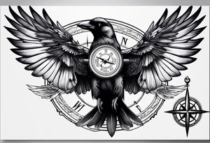 flying crow with compass and two wings tattoo idea