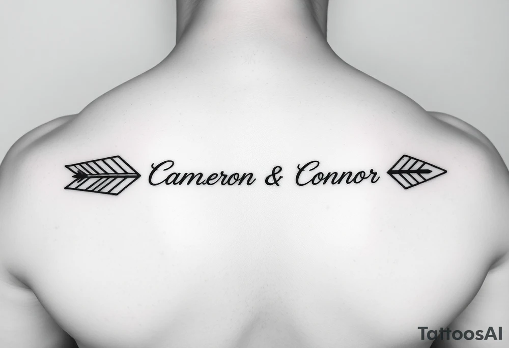 two feminine fine line bow arrows one with the name Cameron and the other with the name Connor tattoo idea