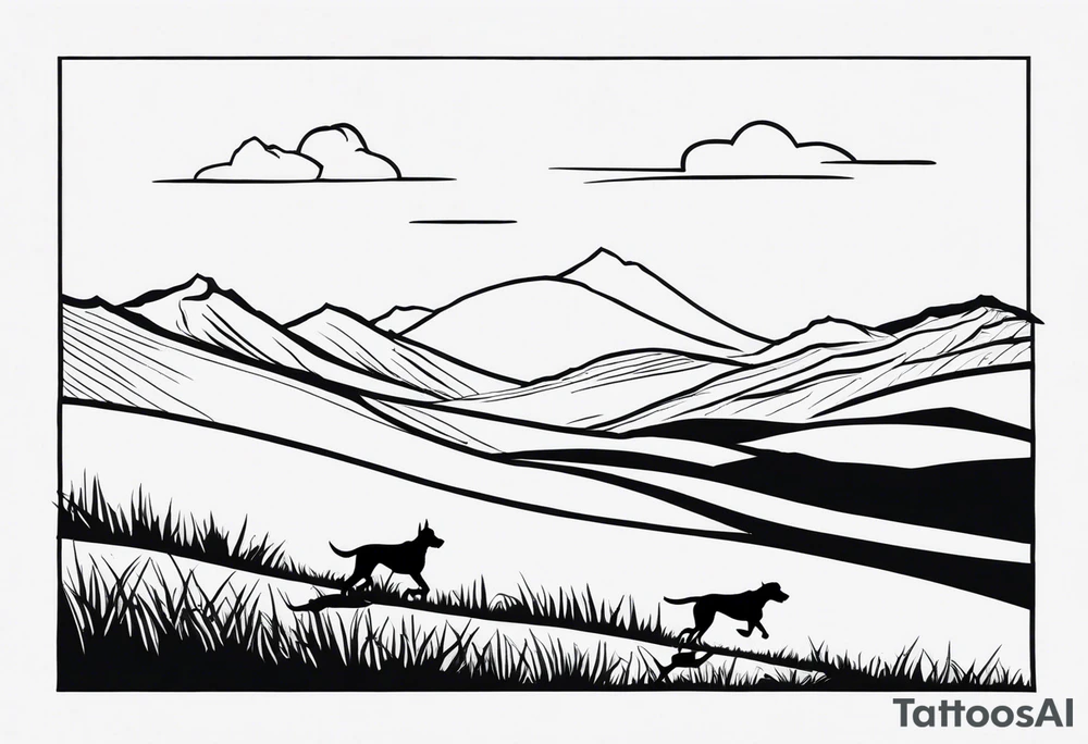 Men’s full arm sleeve. Rolling fields and mountains with 4 Great Dane dogs running in the field tattoo idea