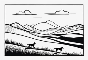 Men’s full arm sleeve. Rolling fields and mountains with 4 Great Dane dogs running in the field tattoo idea