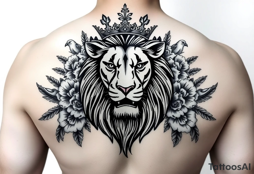 powerful majestic lion with a crown, surrounded by floral ornaments and birds tattoo idea