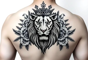 powerful majestic lion with a crown, surrounded by floral ornaments and birds tattoo idea