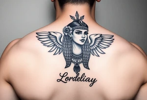 Créame un diseño en miniatura para el bíceps de un personaje principal chica 
de la cultura de egipcia con el nombre de lorelay escrito por debajo del diseño tattoo idea