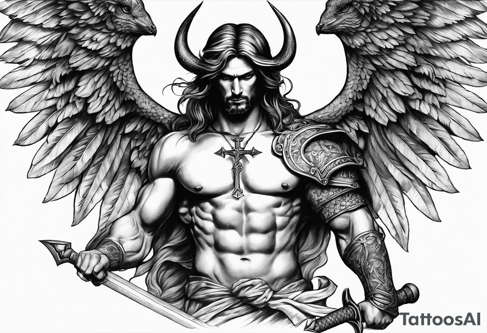 christian religion incorporating aint michael slaying Lucifer sleeve tattoo idea