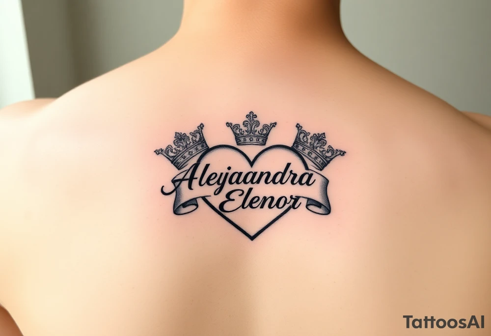 the name Alejandra and Eleanor in a heart with crowns tattoo idea