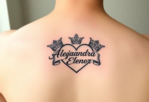 the name Alejandra and Eleanor in a heart with crowns tattoo idea