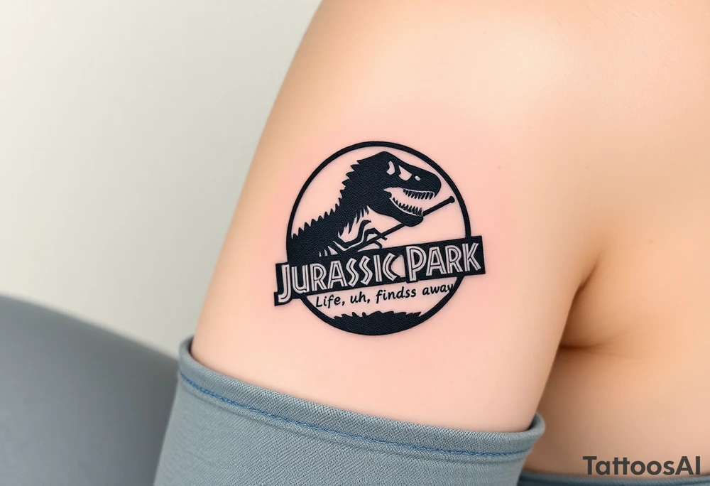 Jurassic Park inspired logo with the dinosaur holding a big stick but with "Life, uh, finds a way" instead of the words "Jurassic Park" tattoo idea