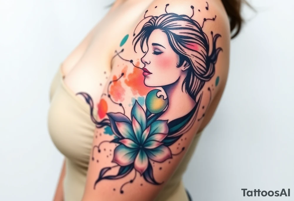Desenhe uma tatuagem que simbolize uma mulher feminista de 41 anos, mãe de dois filhos homens, independente e filósofa inspirada nas teorias de Deleuze. A tatuagem deve expressar força, liberdade e conexão com a multiplicidade da vida, incorporando elementos abstratos e fluidos, com linhas que sugiram movimento e transformação contínua. Evite clichês e busque um design original e significativo. tattoo idea