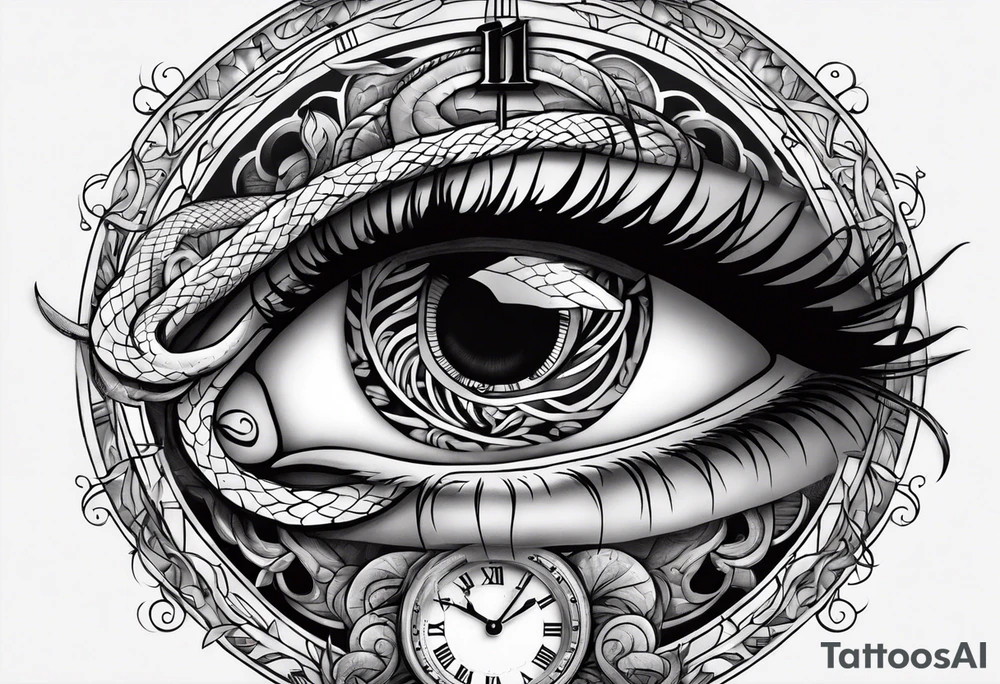 human eye with snake and clock tattoo idea