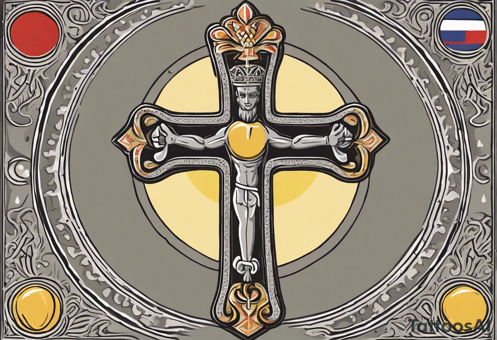 A medieval cross with an assyrian flag in the middle. A crown om top of the cross. The assyrian king Sennacherib. A sun and a moon. A cloud with rain and thunder. charizard. an imperfect cirkle. a candle. a swan. lemons. the god asshur with wings. an ankh. angel wings with a halo. surrounded by olive branches and feathers. all black and white. no shadowing. tattoo idea