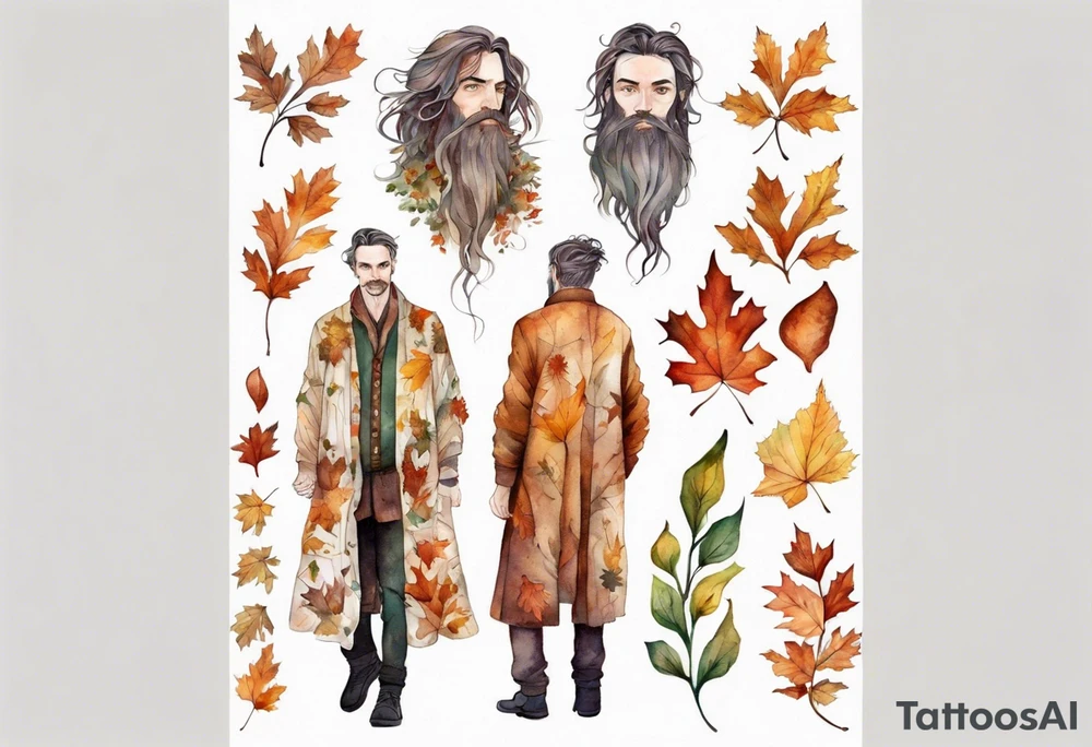 A tall, beautiful man with autumn leaves for hair, skin like birch bark, and a floral robe. tattoo idea