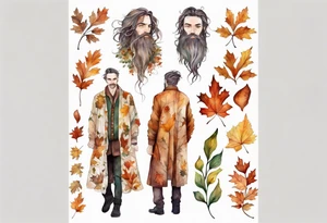 A tall, beautiful man with autumn leaves for hair, skin like birch bark, and a floral robe. tattoo idea