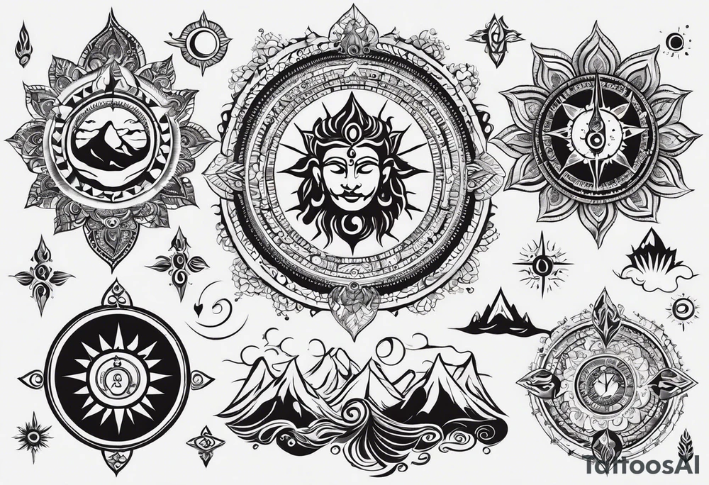 incorporating symbols of travel like a compass or a world map, alongside imagery that represents joy and happiness, such as a smiling sun or playful clouds? These elements can complement Lord Shiva in a dynamic and uplifting tattoo design, reflecting your adventurous spirit and positive outlook on life. tattoo idea