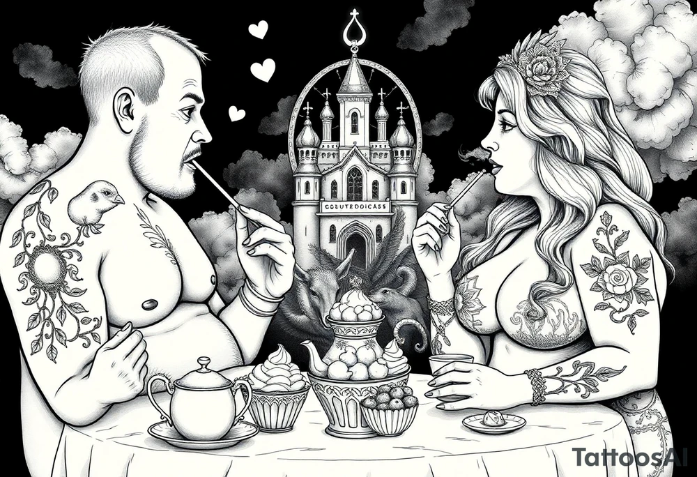 Naked Man and fat woman having sex eating cupcakes and  fruit  having sexy naked fat lady having a tea party with tea pots  with medieval castle  
with mystical  aries a pigs, peacock,  lion, goat, noose and smoking cigerettes looking in the mirror thru storm clouds and broken hearts and darkness and wrath, envy , gluttony, greed, sloth, pride . Gothic tattoo idea