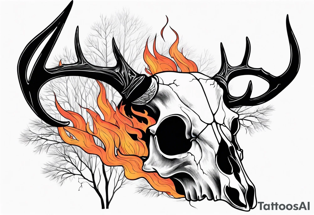 side profile of a DECAYING deer skull JUST BONE surrounded by a flames and trees tattoo idea