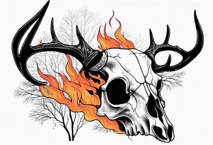 side profile of a DECAYING deer skull JUST BONE surrounded by a flames and trees tattoo idea