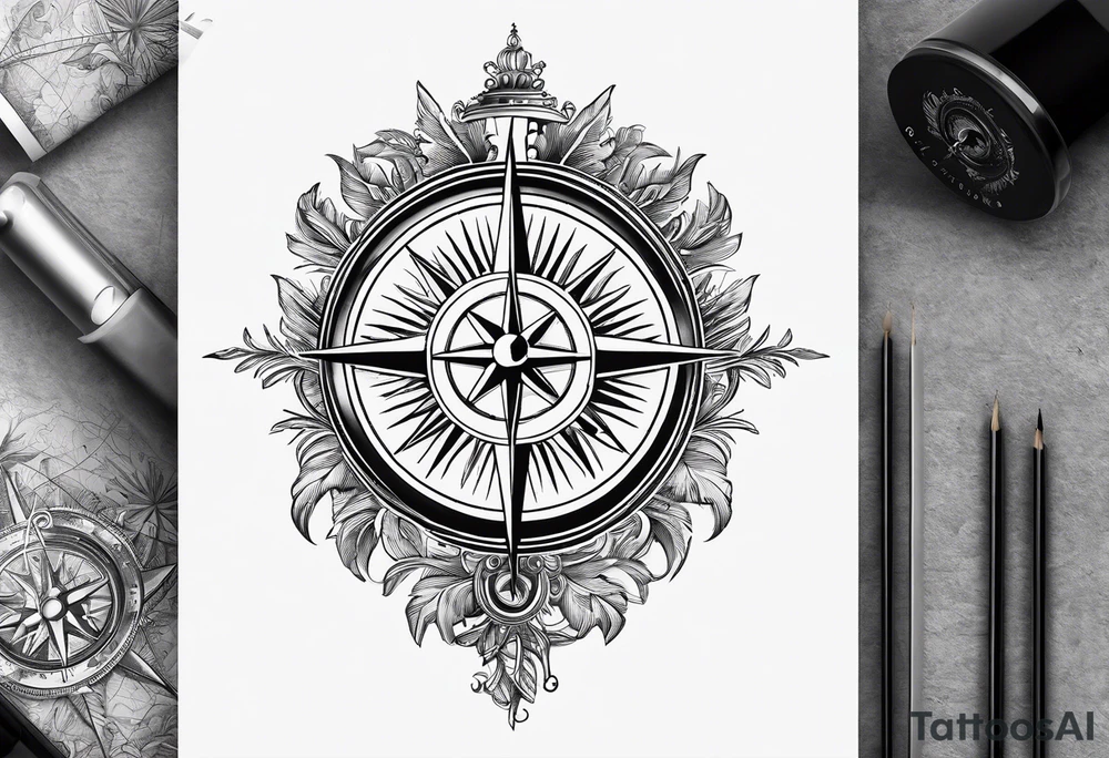 The Map of calabria with a compass sun and palm tree tattoo idea