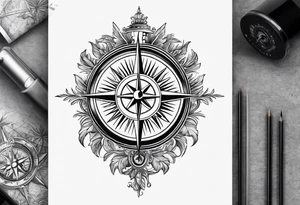 The Map of calabria with a compass sun and palm tree tattoo idea