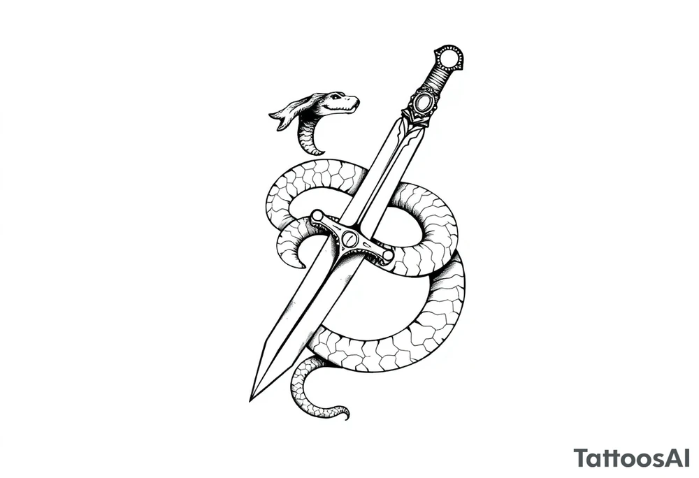 mystical snake coiled around an ancient dagger with jeweled hilt tattoo idea