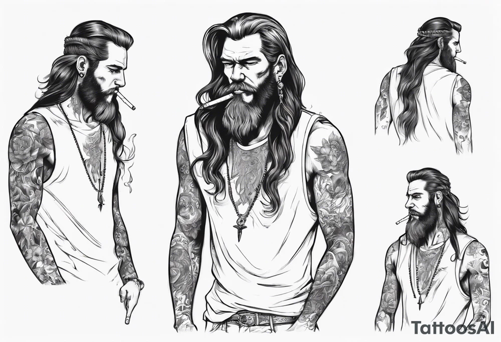 A man standing full-length, with long hair, no beard, smoking a cigarette, with earrings in his ears, no headgear tattoo idea