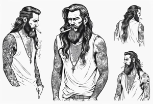 A man standing full-length, with long hair, no beard, smoking a cigarette, with earrings in his ears, no headgear tattoo idea