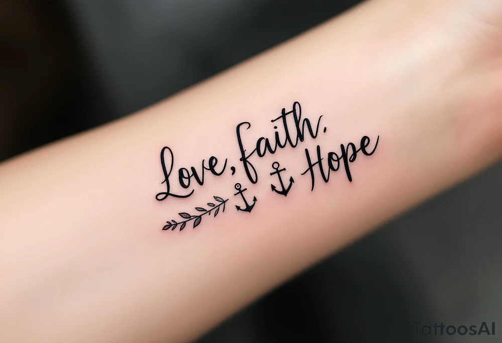 "Love, Faith, Hope" written in a flowing handwritten style beneath a heart, cross, and anchor in muted earth tones. tattoo idea