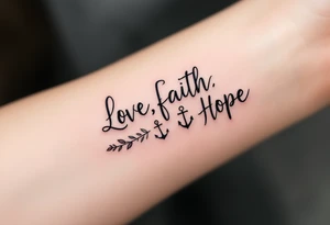 "Love, Faith, Hope" written in a flowing handwritten style beneath a heart, cross, and anchor in muted earth tones. tattoo idea