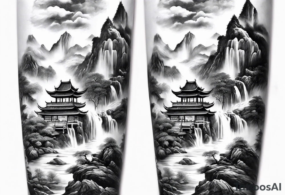 forearm sleeve traditional chinese art painting style mountains mist fog waterfall Chinese temple two old men wearing robes and drinking tea tattoo idea