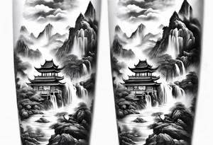 forearm sleeve traditional chinese art painting style mountains mist fog waterfall Chinese temple two old men wearing robes and drinking tea tattoo idea