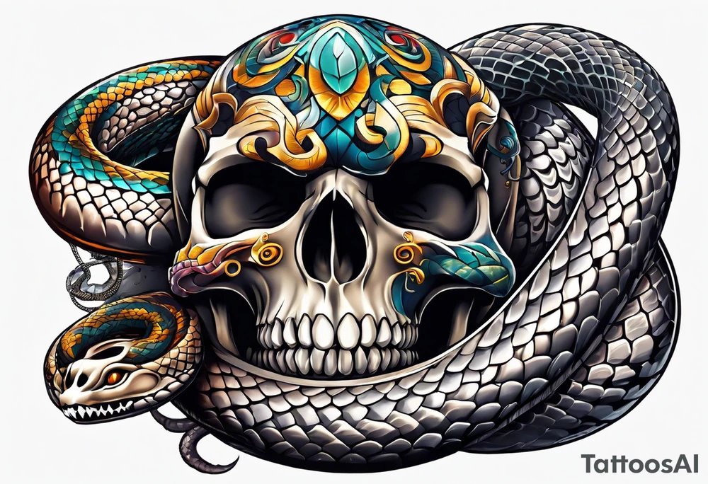 skull and snake with open mouth 4 colors tattoo idea
