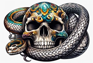 skull and snake with open mouth 4 colors tattoo idea
