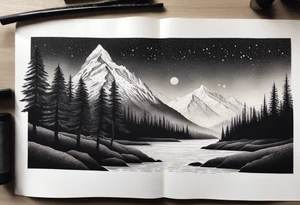 A snow capped mountain with pine trees and a river, the pine trees start to blend into palm trees, and the river becomes an ocean tattoo idea