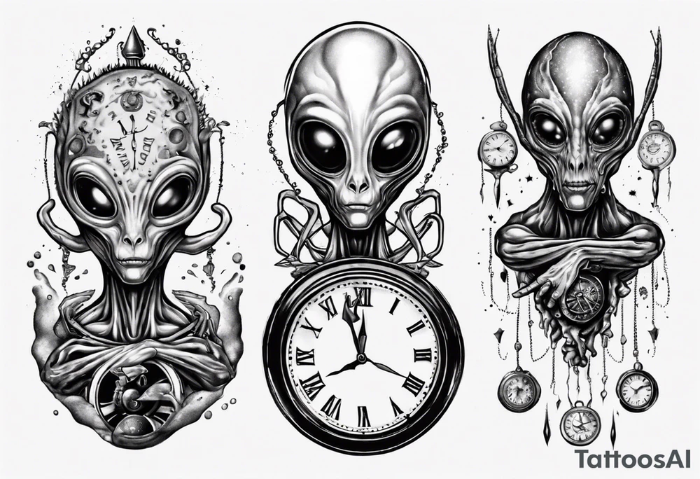 Alien holding a clock tattoo idea
