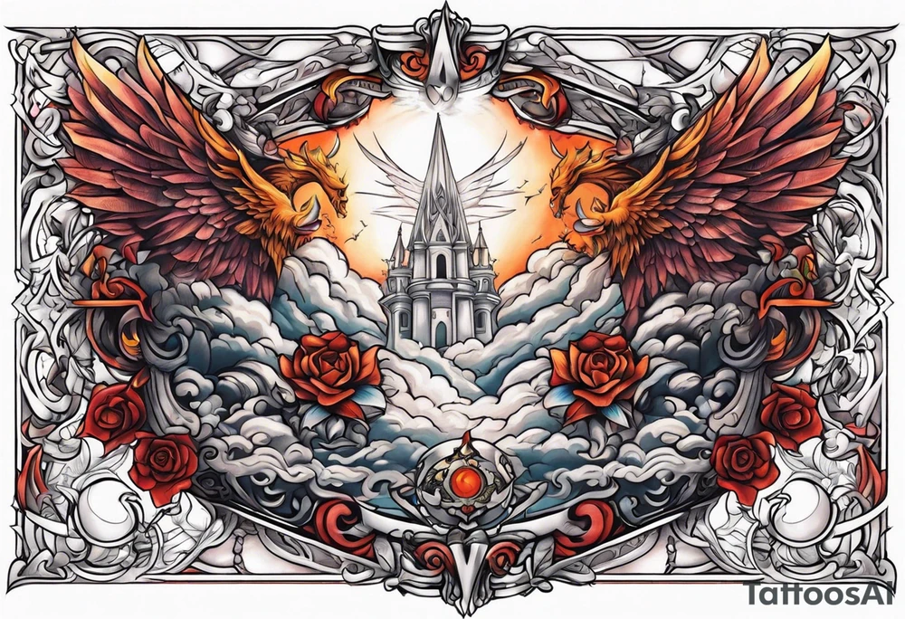 heaven and hell with angels and demons arm sleeve tattoo idea