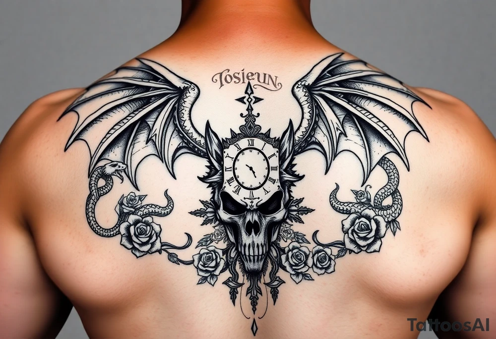highly designed dragons wings intertwined with snakes down arms connected to a wolf head and skull going down back with Latin words surrounding and a clock and many roses all around tattoo idea