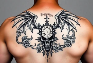 highly designed dragons wings intertwined with snakes down arms connected to a wolf head and skull going down back with Latin words surrounding and a clock and many roses all around tattoo idea