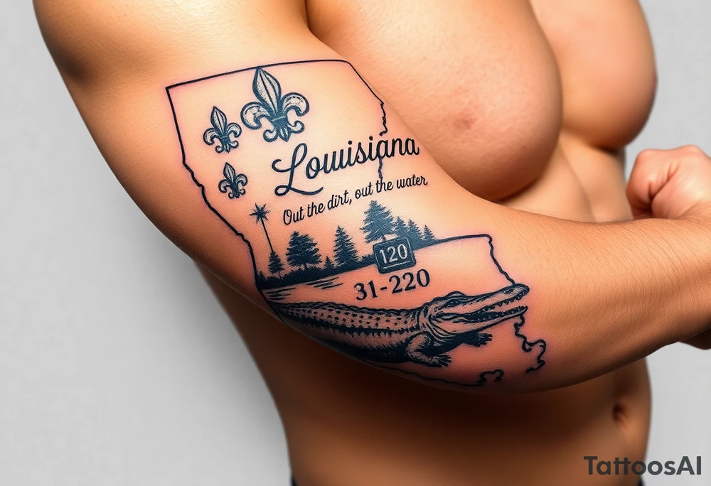 Big Louisiana state outline with fleur-de-lis, a bayou with a gator and trees , the 318 area code and and quote that says  Out the dirt, out the water, straight from 318 , a sign that says I- 20 . Below that add west side , tattoo idea