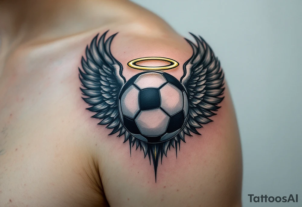A black and gray soccer ball with angel wings and a golden halo above. tattoo idea