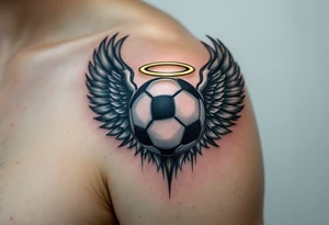 A black and gray soccer ball with angel wings and a golden halo above. tattoo idea