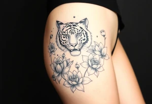 fierce tiger emerging through blooming lotus flowers in mist tattoo idea